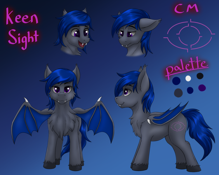 Size: 2000x1600 | Tagged: safe, artist:crimsonwolf360, derpibooru import, oc, oc:keen sight, unofficial characters only, bat pony, pony, bat pony oc, bat wings, blue mane, blue tail, blue wings, claw, color palette, cutie mark, fangs, folded wings, gray coat, happy, hooves, image, male, png, purple eyes, reference sheet, sad, spread wings, stallion, tail, wings