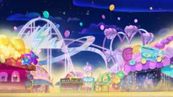 Size: 2160x1215 | Tagged: safe, derpibooru import, screencap, bird, g5, my little pony: tell your tale, spoiler:g5, spoiler:my little pony: tell your tale, spoiler:tyts02e00, amusement park, background, balloon, board trot, booth, ferris wheel, image, night, no pony, png, roller coaster, the blockywockys