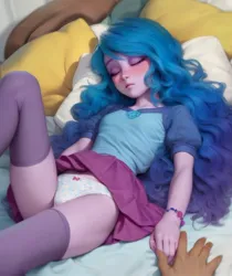 Size: 1080x1285 | Tagged: suggestive, ai content, derpibooru import, izzy moonbow, equestria girls, g5, bed, blushing, clothes, g4, image, jpeg, panties, panty shot, skirt, sleeping, socks, thigh highs, underwear, upskirt