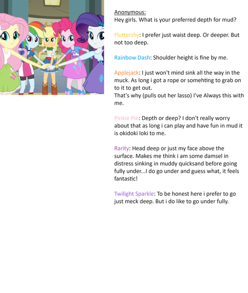 Size: 2559x3025 | Tagged: safe, artist:amateur-draw, derpibooru import, edit, edited screencap, screencap, applejack, fluttershy, pinkie pie, rainbow dash, rarity, twilight sparkle, human, equestria girls, clothes, female, g4, image, implied mud, implied mud bath, implied quicksand, implied sinking, implied wet and messy, mane six, messing q&a, png, skirt, wet and messy