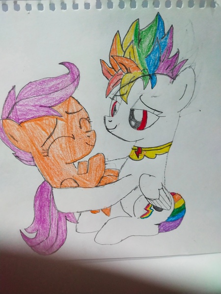 Size: 3000x4000 | Tagged: safe, artist:melodious, derpibooru import, scootaloo, pegasus, pony, dragon ball, drawing, duo, duo female, embrace, female, filly, foal, image, jpeg, mare, multicolored hair, rainbow hair, scootalove, smiling, super rainbow dash, super saiyan, traditional art