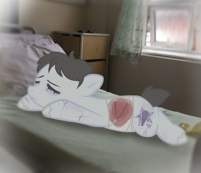 Size: 2475x2133 | Tagged: safe, derpibooru import, oc, aftermath, bandage, bed, bleeding, blood, cut, hospital, hospital bed, image, injured, injured wing, medical, original art, png, ponysona, sad, short hair, tired, wings