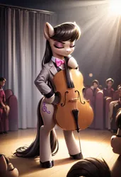 Size: 832x1216 | Tagged: safe, ai content, derpibooru import, machine learning generated, prompter:vtaviscratch, octavia melody, earth pony, human, semi-anthro, cello, clothes, eyes closed, image, jpeg, musical instrument, performance, shirt, solo focus, standing, suit jacket
