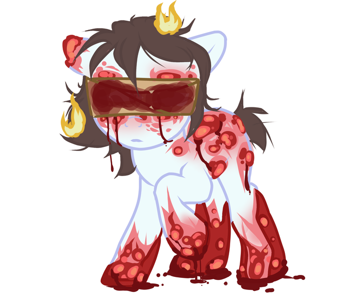 Size: 2364x2074 | Tagged: grimdark, artist:plinky, derpibooru import, daybreaker, oc, pony, badly injured, bandage, blood, burning, corrupted, fire, image, injured, original art, png, ponysona, solo