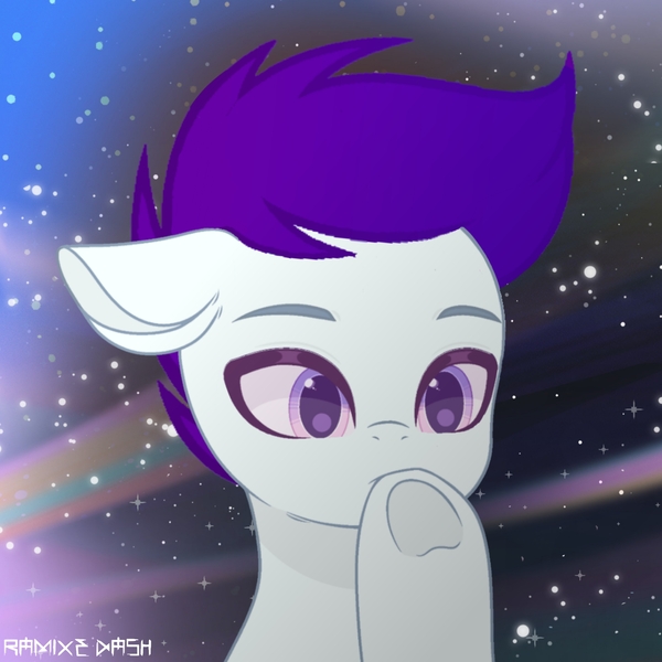 Size: 3600x3600 | Tagged: safe, artist:ramixe dash, derpibooru import, oc, oc:ramixe dash, unofficial characters only, pegasus, pony, g5, base used, galaxy, image, jpeg, magenta eyes, male, purple hair, screencap background, solo, stallion, stars, text, watermark