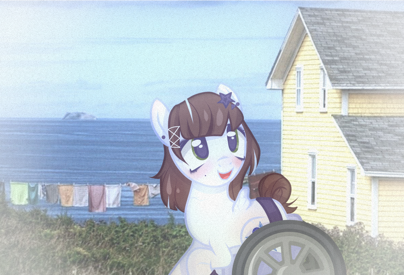 Size: 2048x1395 | Tagged: safe, artist:plinky, derpibooru import, oc, original species, wheelpone, beach, disabled, happy, image, original art, png, ponysona, scar, smiling, wheelchair