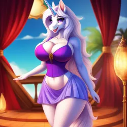 Size: 640x640 | Tagged: suggestive, ai content, anonymous prompter, derpibooru import, machine learning generated, fleur-de-lis, anthro, pony, unicorn, belly button, big breasts, blouse, blue sky, breasts, busty fleur-de-lis, cleavage, clothes, curvy, day, female, g4, generator:frosting.ai, horn, image, jpeg, lantern, looking at you, mare, open mouth, open smile, palm tree, skirt, smiling, smiling at you, solo, solo female, tree