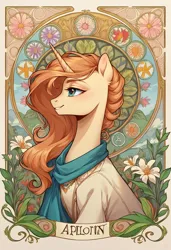 Size: 832x1216 | Tagged: safe, ai content, derpibooru import, machine learning generated, prompter:massbrainimpact, oc, unicorn, flower, horn, image, jpeg, modern art, nouveau, smiling, solo, unicorn oc