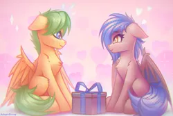 Size: 3000x2000 | Tagged: safe, artist:adagiostring, derpibooru import, oc, bat pony, pegasus, pony, bat pony oc, bat wings, couple, cute, duo, female, group, heart, image, in love, looking at each other, looking at someone, love, mare, pegasus oc, png, present, simple background, sitting, smiling, sparkles, wings