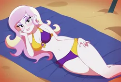 Size: 2432x1664 | Tagged: suggestive, ai content, machine learning generated, ponerpics import, ponybooru import, prompter:brifor, fleur-de-lis, human, equestria girls, barefoot, beach, bedroom eyes, belly button, bikini, breasts, clothes, eyeshadow, feet, fleur-de-seins, generator:pony diffusion v6 xl, image, jpeg, looking at you, lying down, makeup, miss fleur is trying to seduce us, see-through, sexy, smiling, stupid sexy fleur-de-lis, swimsuit