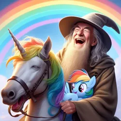 Size: 1024x1024 | Tagged: safe, ai content, anonymous prompter, derpibooru import, machine learning generated, rainbow dash, horse, human, unicorn, beard, bridle, crossover, eyes closed, facial hair, gandalf, generator:bing image creator, generator:dall-e 3, hat, horn, image, jpeg, laughing, lord of the rings, multicolored hair, rainbow, rainbow hair, tack