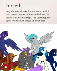 Size: 1138x1423 | Tagged: safe, derpibooru import, vinyl scratch, oc, oc:dawn, oc:harmony, oc:lunar eclipse, oc:midnight, oc:nettle kiss, oc:nova, caption, family, family photo, hug, image, jpeg, nuzzling, sad, text, winghug, wings