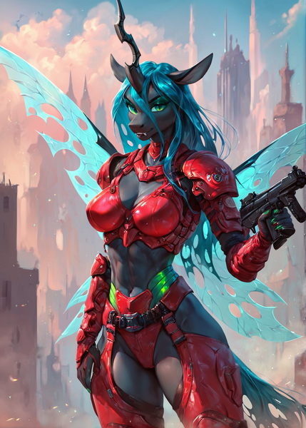 Size: 1000x1400 | Tagged: safe, ai content, derpibooru import, machine learning generated, prompter:star-dragon, stable diffusion, queen chrysalis, anthro, changeling, changeling queen, armor, breasts, busty queen chrysalis, city, cyberpunk, fantasy, female, g4, generator:pony diffusion v6 xl, image, png, science fiction, solo, spread wings, weapon, wings