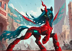 Size: 1400x1000 | Tagged: safe, ai content, derpibooru import, machine learning generated, prompter:star-dragon, stable diffusion, queen chrysalis, changeling, changeling queen, armor, city, cyberpunk, fantasy, female, g4, generator:pony diffusion v6 xl, image, png, science fiction, solo, spread wings, wings