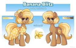 Size: 6500x4098 | Tagged: safe, artist:madelinne, derpibooru import, oc, oc:banana blitz, unofficial characters only, earth pony, pony, bow, clothes, cutie mark, dress, earth pony oc, female, hat, image, mare, png, reference sheet