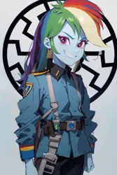 Size: 512x768 | Tagged: safe, ai content, derpibooru import, machine learning generated, prompter:hqdmusthave, rainbow dash, human, equestria girls, black sun, clothes, g4, image, looking at you, military uniform, my little pony equestria girls: rainbow rocks, nazi, nazi germany, nazi uniform, png, sieg heil, simple background, smiling, smiling at you, solo, uniform