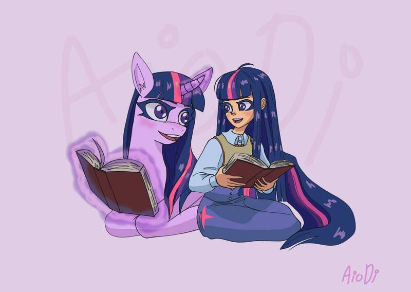 Size: 1520x1080 | Tagged: safe, artist:aioniadiafonia, derpibooru import, twilight sparkle, human, pony, unicorn, book, duo, duo female, female, human ponidox, humanized, image, jpeg, levitation, looking at each other, looking at someone, looking back, looking back at each other, lying down, magic, mare, open mouth, open smile, prone, purple background, self paradox, self ponidox, signature, simple background, sitting, smiling, smiling at each other, telekinesis, unicorn twilight