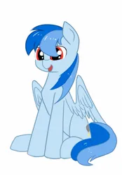 Size: 957x1373 | Tagged: safe, artist:migesanwu, derpibooru import, oc, oc:cloud crystal, unofficial characters only, pony, image, jpeg, laughing, simple background, sitting, solo, spread wings, white background, wings