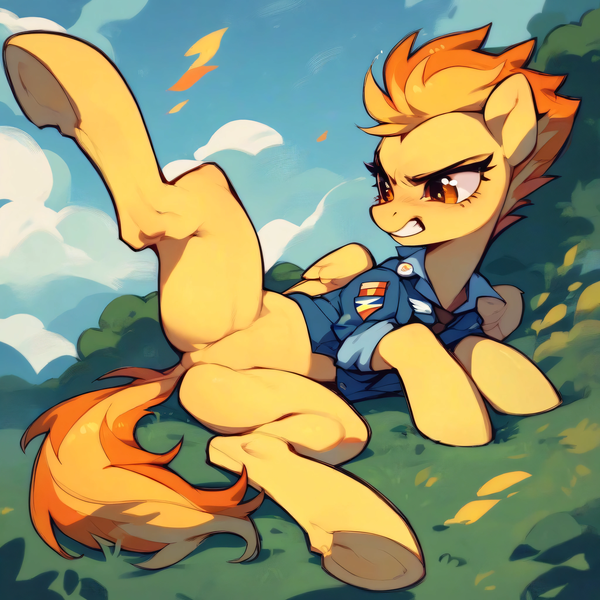 Size: 4096x4096 | Tagged: prompter needed, source needed, safe, ai content, derpibooru import, machine learning generated, stable diffusion, spitfire, angry, bottomless, clothes, featureless crotch, folded wings, frown, generator:pony diffusion v6 xl, grass, gritted teeth, image, lying down, outdoors, partial nudity, png, raised leg, side, sky, spread legs, spreading, teeth, uniform, wings, wonderbolts uniform