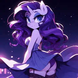 Size: 1024x1024 | Tagged: suggestive, ai content, derpibooru import, machine learning generated, prompter:glimmy-glam, rarity, anthro, back, breasts, butt, clothes, dress, g4, garter belt, generator:dall-e 3, image, jpeg, looking at you, looking back, looking back at you, panties, rearity, skirt, smiling, socks, stockings, sundress, thigh highs, underwear, upskirt, wind
