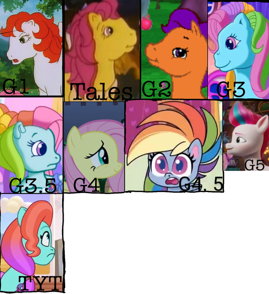Size: 1230x1344 | Tagged: safe, derpibooru import, edit, edited screencap, screencap, bon bon (g1), fluttershy, paradise, rainbow dash, rainbow dash (g3), zipp storm, earth pony, pegasus, pony, g1, g2, g3, g5, my little pony tales, my little pony: a new generation, my little pony: pony life, my little pony: tell your tale, spoiler:g5, spoiler:my little pony: a new generation, spoiler:my little pony: tell your tale, spoiler:tyts01e32, baby critters, bag, chibi, comparison, female, folded wings, frown, g3.5, g4, generation leap, image, jazz hooves, looking at you, looking down, looking up, mare, my little pony: friendship gardens, png, remake, side view, smiling, surprised, text, wings