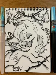 Size: 1536x2048 | Tagged: safe, artist:hauntedtuba, derpibooru import, fluttershy, butterfly, insect, pegasus, pony, eyes closed, g4, image, jpeg, monochrome, solo, traditional art