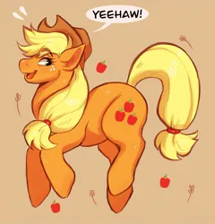 Size: 1436x1493 | Tagged: safe, artist:moth_sprout, derpibooru import, applejack, earth pony, pony, blonde mane, blonde tail, brown background, female, full body, image, jpeg, mare, open mouth, open smile, orange coat, simple background, smiling, solo, speech bubble, tail, text, yeehaw