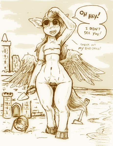 Size: 1414x1838 | Tagged: questionable, artist:capt_hairball, derpibooru import, derpy hooves, pegasus, semi-anthro, beach, bottomless, clothes, cloud, dialogue, hoof hold, hoof shoes, image, looking at you, monochrome, nudity, partial nudity, png, sandcastle, solo, speech bubble, spread wings, swimsuit, vulva, wings