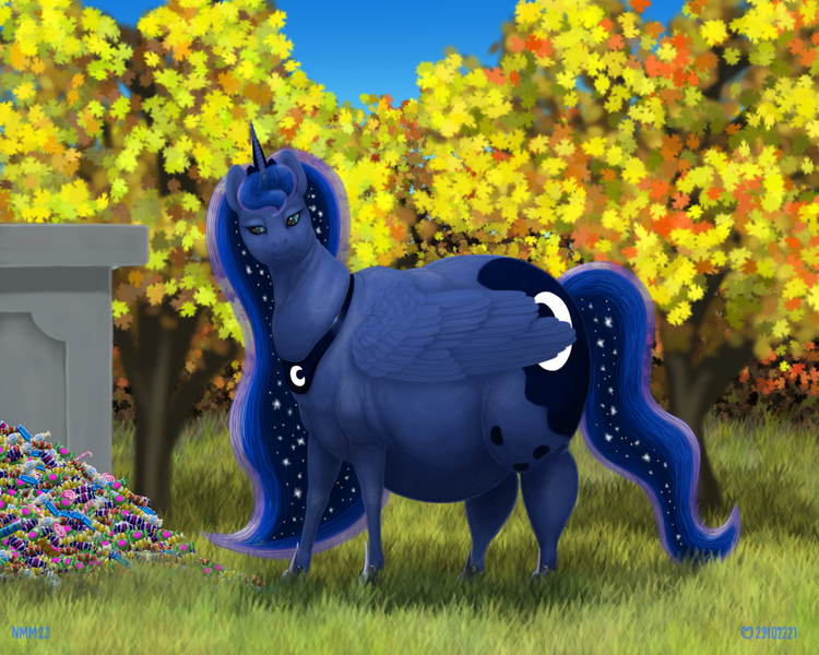 Size: 1200x960 | Tagged: safe, artist:soobel, derpibooru import, princess luna, alicorn, pony, mlp fim's twelfth anniversary, candies, fat, female, image, mare, nightmare night, obese, png, princess moonpig