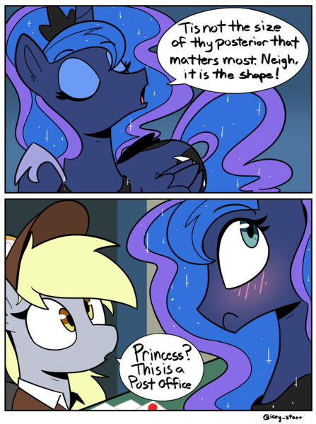 Size: 2100x2821 | Tagged: safe, artist:icey, derpibooru import, derpy hooves, princess luna, alicorn, pegasus, pony, butt, comic, duo, image, mailmare, meme, moonbutt, png, sir this is a wendy's, speech bubble