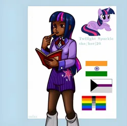 Size: 1154x1144 | Tagged: safe, artist:calmshifter2023, derpibooru import, twilight sparkle, twilight sparkle (alicorn), alicorn, human, pony, asexual, asexual pride flag, book, clothes, coat, dark skin, female, humanized, image, india, indian, jpeg, leg warmers, mare, pencil, pride, pride flag, shirt, shorts, solo