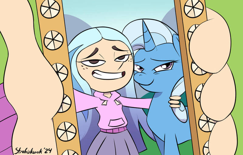 Size: 1117x715 | Tagged: safe, artist:strebiskunk, derpibooru import, trixie, andrea davenport, crossover, image, jpeg, smug, the ghost and molly mcgee