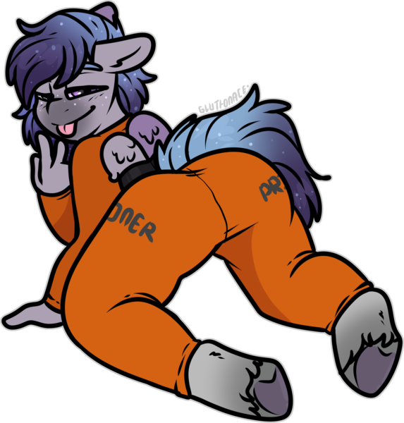 Size: 1720x1802 | Tagged: suggestive, artist:sexygoatgod, derpibooru import, oc, oc:star whore, unofficial characters only, anthro, pegasus, ;p, clothes, image, jumpsuit, male, one eye closed, peace sign, png, prison outfit, prisoner, simple background, solo, tongue out, transparent background, wing cuffs
