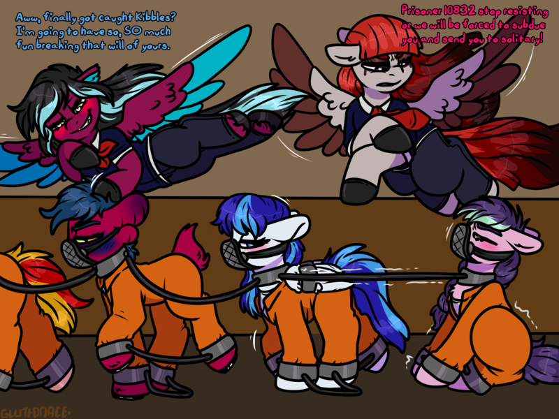 Size: 4000x3000 | Tagged: suggestive, artist:sexygoatgod, derpibooru import, oc, oc:kelp butt, oc:razzmatazz gleam, unofficial characters only, alicorn, earth pony, original species, pegasus, pony, bondage, clothes, collar, cuffs, cusige, female, futa, gag, herm, image, intersex, jumpsuit, leash, muzzle, muzzle gag, png, police officer, police uniform, prison, prison outfit, prisoner, restrained