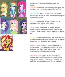 Size: 2559x3025 | Tagged: safe, artist:amateur-draw, derpibooru import, edit, edited screencap, screencap, fluttershy, pinkie pie, rainbow dash, rarity, sunset shimmer, twilight sparkle, human, clothes, female, g4, image, implied messing, implied mud, implied mud bath, implied wet and messy, messing q&a, mud, muddy, png, q&a, skirt, wet and messy