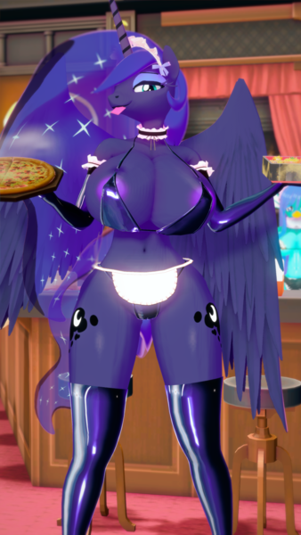 Size: 900x1600 | Tagged: questionable, artist:mistpony, derpibooru import, princess luna, alicorn, anthro, pony, series:sun&moon cafe, 3d, areola, areola slip, big breasts, bikini, boots, breasts, busty princess luna, clothes, condom, dress, erect nipples, female, food, frilly underwear, g4, huge breasts, image, koikatsu, latex, latex socks, latex stockings, looking at you, maid, mare, micro bikini, nipple outline, nudity, panties, partial nudity, pizza, png, shoes, sitting, socks, stockings, sushi, swimsuit, thigh highs, thong, underwear
