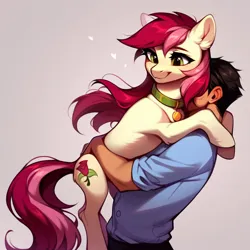 Size: 1024x1024 | Tagged: safe, ai content, derpibooru import, machine learning generated, prompter:doom9454, stable diffusion, roseluck, human, pony, behaving like a cat, collar, cute, duo, generator:pony diffusion v6 xl, holding a pony, image, pet tag, png, pony pet, rosepet