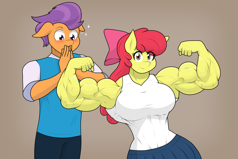 Size: 2346x1570 | Tagged: safe, artist:matchstickman, derpibooru import, apple bloom, tender taps, anthro, earth pony, pony, apple brawn, bicep flex, biceps, breasts, brown background, busty apple bloom, clothes, duo, female, flexing, image, looking at you, male, mare, matchstickman's apple brawn series, meme, muscles, muscular female, older, older apple bloom, older tender taps, png, ponified meme, shipping, simple background, stallion, straight, tenderbloom