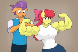 Size: 2346x1570 | Tagged: safe, artist:matchstickman, derpibooru import, apple bloom, tender taps, anthro, earth pony, pony, apple brawn, bicep flex, biceps, breasts, brown background, busty apple bloom, clothes, duo, female, flexing, image, looking at you, male, mare, matchstickman's apple brawn series, meme, muscles, muscular female, older, older apple bloom, older tender taps, png, ponified meme, shipping, simple background, stallion, straight, tenderbloom