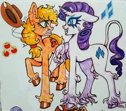 Size: 3429x3024 | Tagged: safe, artist:redactedhaunt, derpibooru import, applejack, rarity, earth pony, pony, unicorn, duo, female, horn, image, jpeg, lesbian, rarijack, shipping, sticker, traditional art