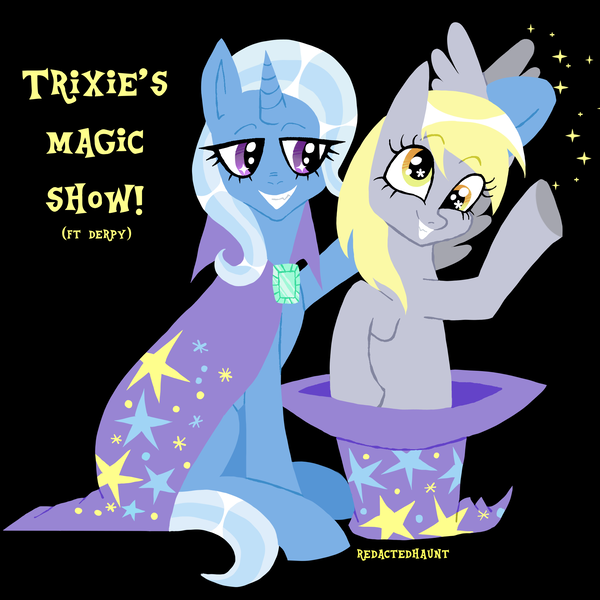 Size: 2000x2000 | Tagged: safe, artist:redactedhaunt, derpibooru import, screencap, derpy hooves, trixie, earth pony, pony, unicorn, cape, clothes, duo, hat, horn, image, lineless, png, trixie's cape, trixie's hat