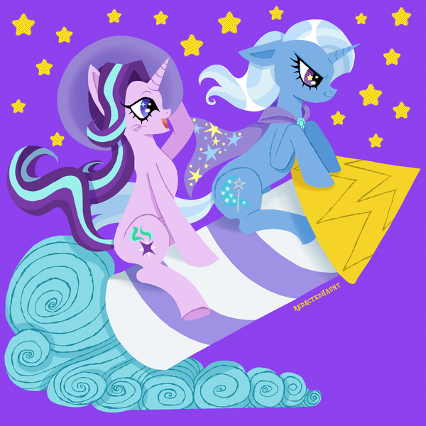 Size: 2000x2000 | Tagged: safe, artist:redactedhaunt, derpibooru import, starlight glimmer, trixie, pony, unicorn, cape, clothes, duo, female, hat, horn, image, lesbian, png, purple background, rocket, shipping, simple background, startrix, toy interpretation, trixie's cape, trixie's hat, trixie's rocket