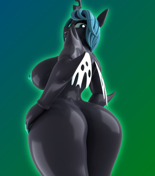 Size: 1500x1700 | Tagged: questionable, artist:argos90, derpibooru import, queen chrysalis, anthro, changeling, 3d, breasts, bugbutt, busty queen chrysalis, butt, gradient background, image, png, solo