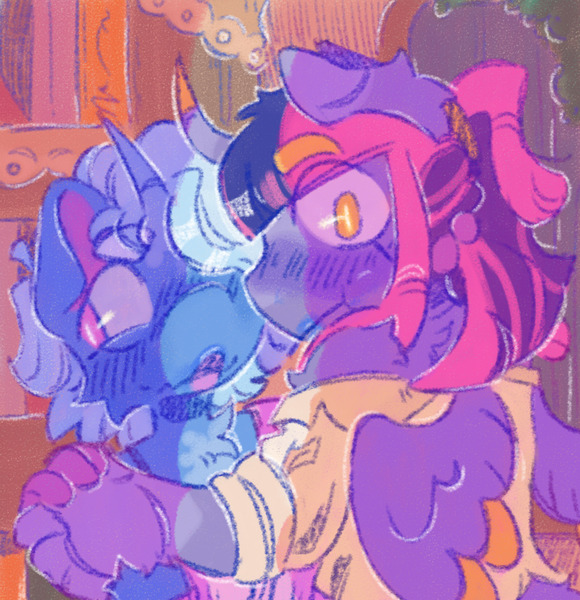 Size: 1390x1437 | Tagged: safe, artist:tottallytoby, derpibooru import, trixie, twilight sparkle, twilight sparkle (alicorn), alicorn, pony, unicorn, after kiss, alternate color palette, alternate design, alternate eye color, alternate hair color, alternate hairstyle, arm fluff, back fluff, blue coat, blue mane, blushing, caught, cheek fluff, chest fluff, clothes, colored eyebrows, colored horn, colored pinnae, curved horn, detailed background, duo, duo female, ear fluff, eye clipping through hair, eyebrows, eyebrows visible through hair, eyelashes, female, g4, height difference, holding hands, horn, horn cap, image, jpeg, kiss mark, lesbian, lipstick, looking at you, looking away, looking back, looking back at you, mare, neck fluff, open mouth, ponytail, purple blush, purple coat, purple eyes, ship:twixie, shipping, short mane, shoulder fluff, shoulderless, shoulderless shirt, small wings, spread wings, tail, tail fluff, tied mane, two toned mane, wall of tags, wingding eyes, wings, yellow eyes