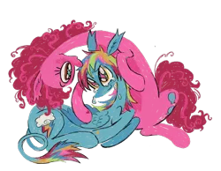 Size: 1840x1430 | Tagged: safe, artist:webkinzworldz, derpibooru import, pinkie pie, rainbow dash, earth pony, pegasus, pony, alternate eye color, alternate hair color, alternate tail color, alternate tailstyle, blue coat, colored pinnae, colored wings, colored wingtips, countershading, crying, curly mane, curly tail, duo, duo female, ear fluff, ear tufts, eyelashes, female, folded wings, g4, image, leonine tail, long legs, long neck, looking at each other, looking at someone, lying down, mare, multicolored eyes, multicolored hair, multicolored mane, multicolored tail, not shipping, pink coat, pink mane, pink tail, png, rainbow hair, rainbow tail, simple background, sitting, smiling, smiling at each other, starry eyes, tail, thin, transparent background, two toned mane, two toned tail, two toned wings, wingding eyes, wings