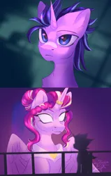 Size: 2607x4096 | Tagged: safe, artist:jsunlight, derpibooru import, princess cadance, shining armor, alicorn, pony, unicorn, alternate hairstyle, bandaid, bandaid on nose, blade runner 2049, blank eyes, chest fluff, crossing the memes, female, g4, high res, horn, horn ring, image, jewelry, male, mare, meme, png, ring, ship:shiningcadance, shipping, size difference, smiling, stallion, straight, the bride and the ugly ass groom, toy interpretation, wings