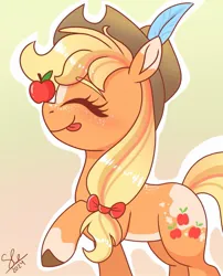 Size: 965x1194 | Tagged: safe, artist:galaxy swirl, derpibooru import, applejack, earth pony, pony, :p, apple, cowboy hat, eyes closed, feather, female, food, freckles, g4, gradient background, hat, image, jpeg, mare, raised hoof, smiling, solo, stetson, tongue out