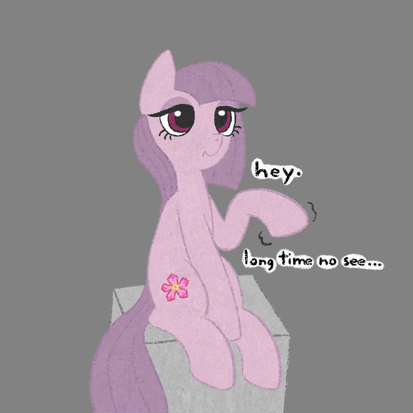 Size: 1020x1020 | Tagged: safe, artist:castafae, derpibooru import, oc, oc:rosie rock, unofficial characters only, earth pony, pony, bootleg, dialogue, female, gray background, image, lidded eyes, mare, png, simple background, sitting, solo, waving