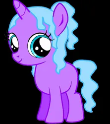 Size: 841x949 | Tagged: safe, artist:katiegirlsforever, derpibooru import, oc, oc:jewelie, unofficial characters only, pony, unicorn, black background, blue eyes, blue hair, blue mane, blue tail, cute, female, filly, foal, g4, horn, image, jpeg, ocbetes, purple coat, simple background, smiling, solo, tail, unicorn oc