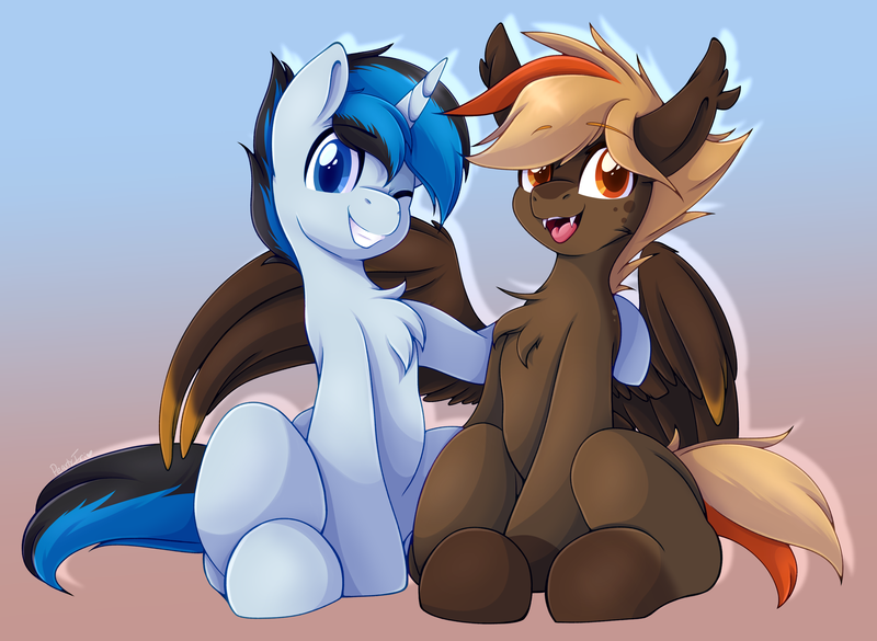 Size: 3127x2288 | Tagged: safe, artist:pearlyiridescence, derpibooru import, oc, oc:longshot, oc:solar gizmo, unofficial characters only, pegasus, pony, unicorn, chest fluff, ear fluff, fangs, gradient background, horn, hug, image, male, one eye closed, open mouth, png, simple background, sitting, smiling, stallion, winghug, wings, wink